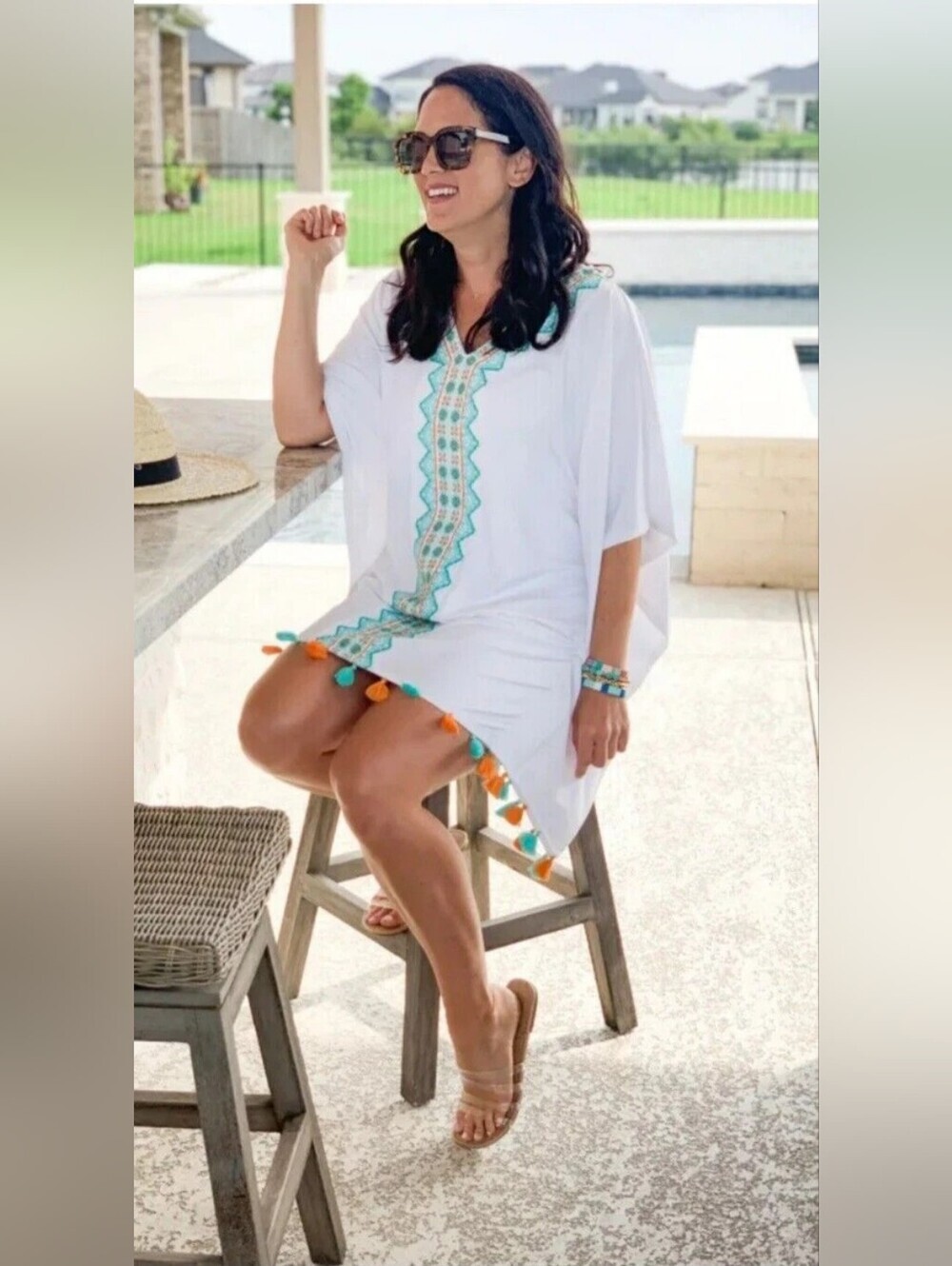 CABANA LIFE White/Turquoise/Orange -Embroided Tassels Tunic Cover Up Size S/M